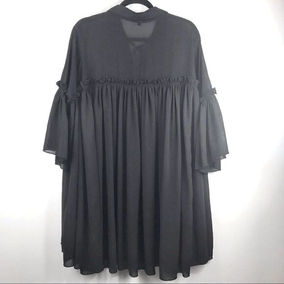 Missguided Semi Sheer Black Poet’s Style Dress with Bell Sleeves and Tie Front - Picture 2 of 15